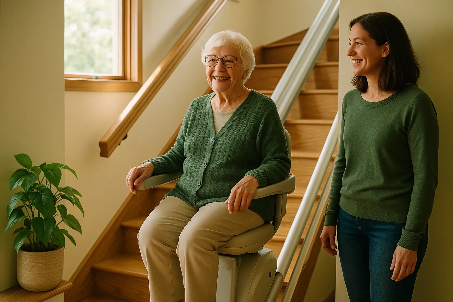 An older woman riding a stair lift in her sunlit home